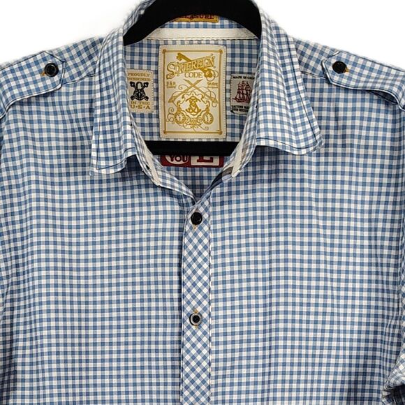 SOVEREIGN CODE Plaid Button Down Shirt Large Men's Blue White Long Sleeve Woven - Picture 1 of 6